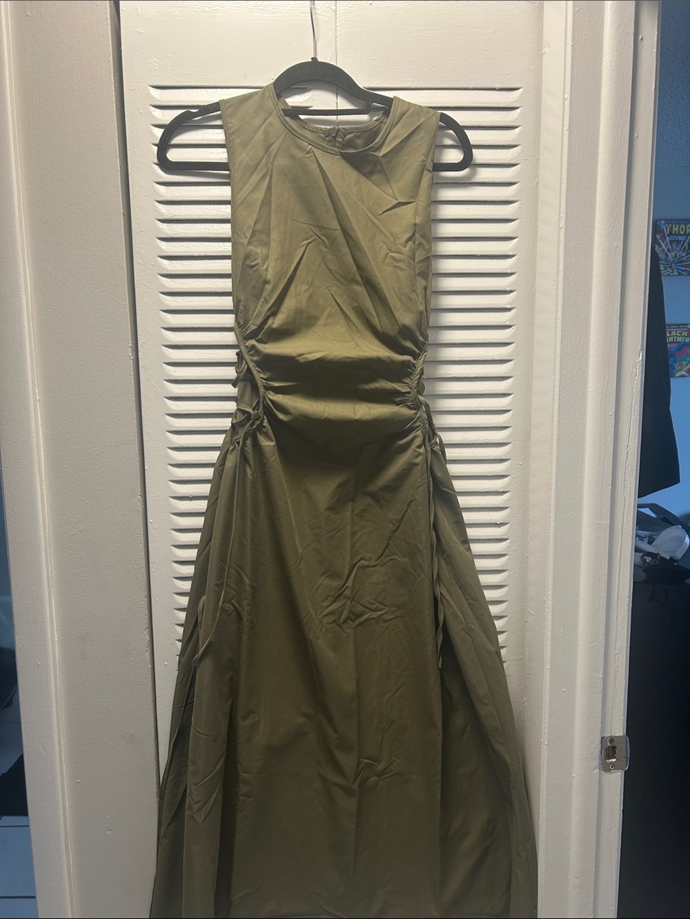 Sleeveless Olive Green Ruched Waist Maxi Dress